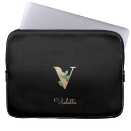 Capa Para Notebook Elegante Monograma Botânico - Letra V Bolsa de lap