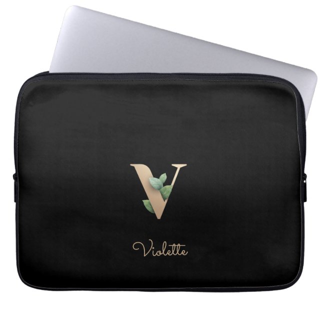 Capa Para Notebook Elegante Monograma Botânico - Letra V Bolsa de lap (Frente)