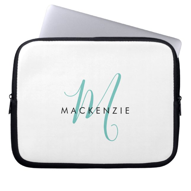 Capa Para Notebook Elegante Monograma Moderno em Branco e Azul Script (Frente)