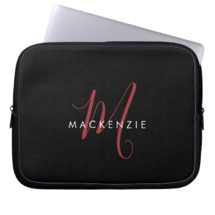 Capa Para Notebook Elegante Monograma Moderno em Script Preto Vermelh