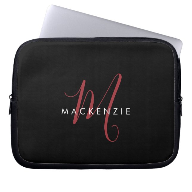 Capa Para Notebook Elegante Monograma Moderno em Script Preto Vermelh (Frente)