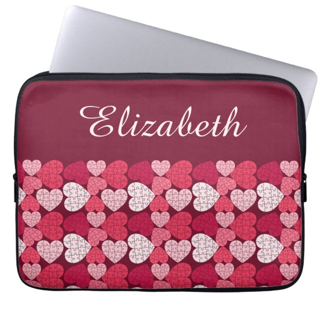 Capa Para Notebook Elegante Red Pink Quebra-cabeça Heart Pattern Name (Frente)