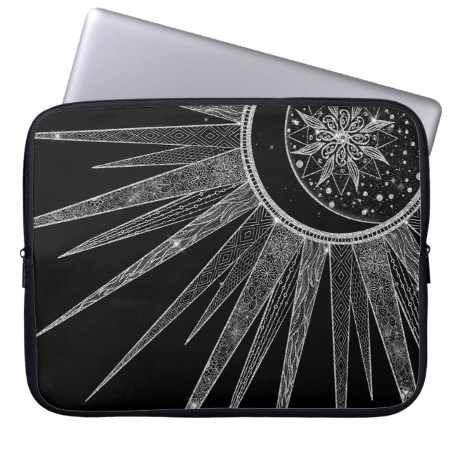 Capa Para Notebook Elegante Silver Sun Moon Mandala Black Design (Frente)