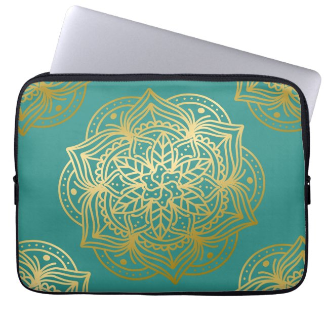 Capa Para Notebook Elegante Teal Green Dourado Padrão de Mandala (Frente)