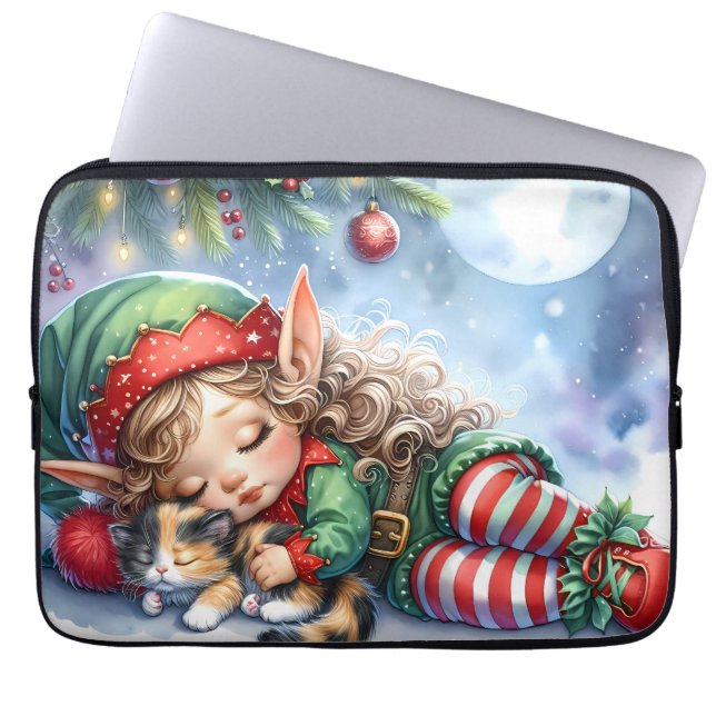 Capa Para Notebook Elfo de Natal Dormindo com Gatinho Calico (Frente)