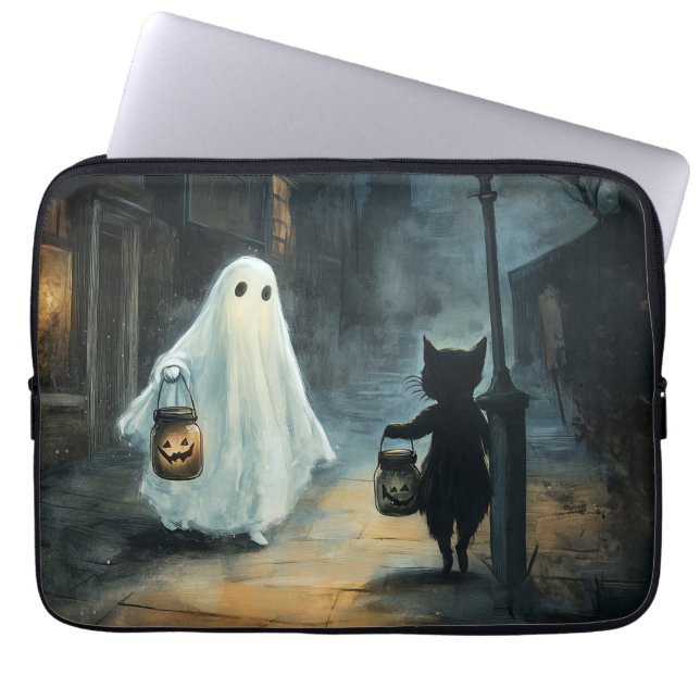 Capa Para Notebook Encontro de Ghost e Gato do Halloween (Frente)