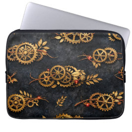 Capa Para Notebook Engrenagens Douradas Antigas & Neon Vermelho Cyber