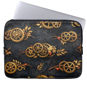 Capa Para Notebook Engrenagens Douradas Antigas & Neon Vermelho Cyber
