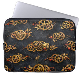 Capa Para Notebook Engrenagens Douradas Antigas & Neon Vermelho Cyber