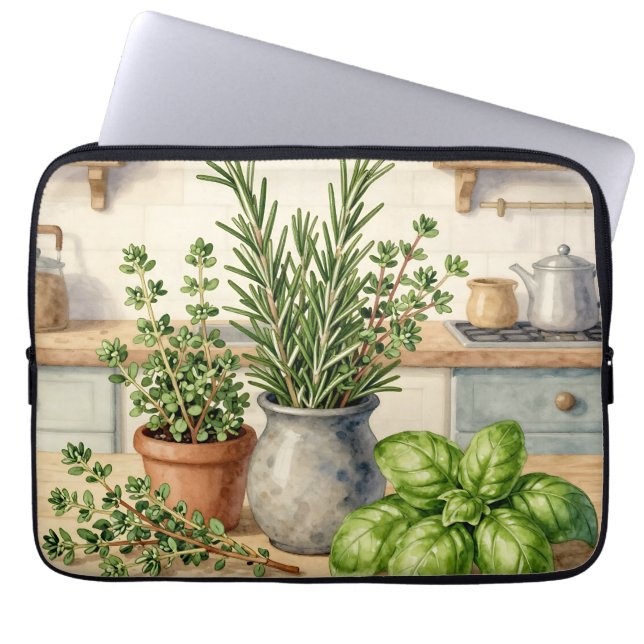 Capa Para Notebook Ervas Frescas da Cozinha Aquarela  (Frente)