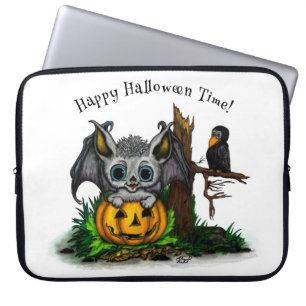Capa Para Notebook Esperando o Halloween, Cute Bat e Raven