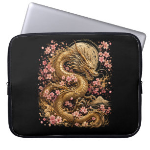 Capa Para Notebook Estética de Dragão Dourado e Flor de Sakura para L