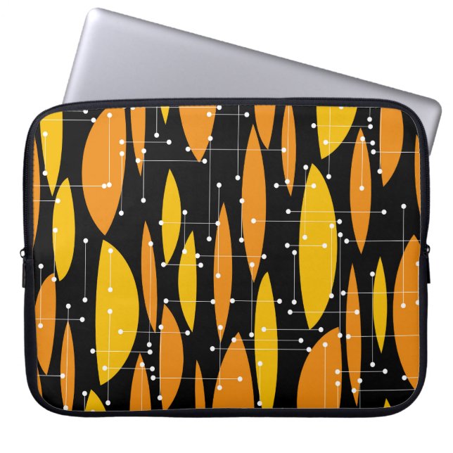 Capa Para Notebook Estilo atômico, padrão geométrico laranja preto. (Frente)