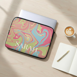 Capa Para Notebook Estilo de Mármore Nome Personalizado Rosa e Verde