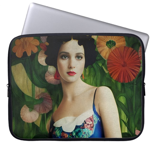 Capa Para Notebook Estilo Deco Elegante Mulher com Flores Grandes (Frente)
