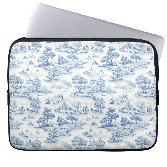 Capa Para Notebook Estilo Francês Azul Toile de Jouy Elegante Românti (Frente)