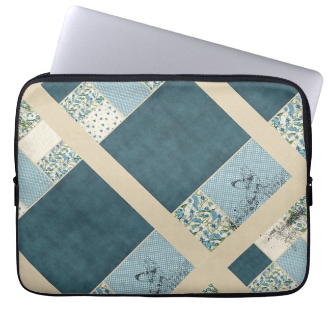 Capa Para Notebook Estojo de Eletrônicos para Laptop em Patchwork Azu (Frente)