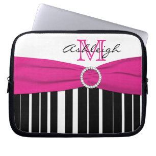 Capa Para Notebook Estojo para Laptop com Fita Listrada Preta e Rosa
