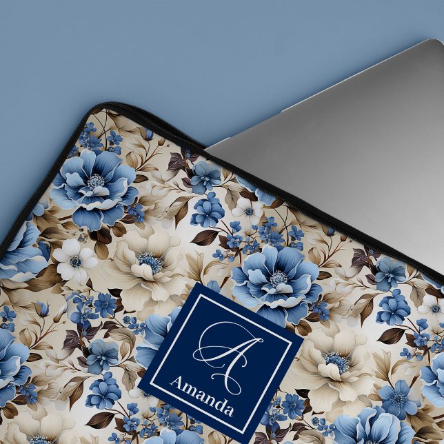 Capa Para Notebook Estojo para Laptop com Flores Azuis e Brancas Clás (Classic Blue and White Flowers Laptop Sleeve Case)