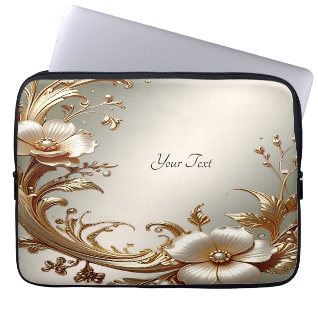 Capa Para Notebook Estojo para Laptop Floral Dourado (Frente)