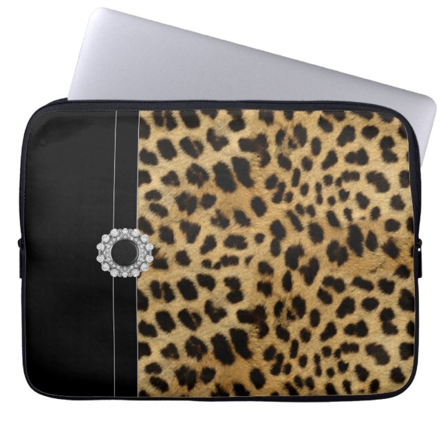 Capa Para Notebook Estojo para Laptop Leopardo Preto com Joias (Frente)