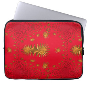 Capa Para Notebook estrelas de ouro fractal, fundo vermelho