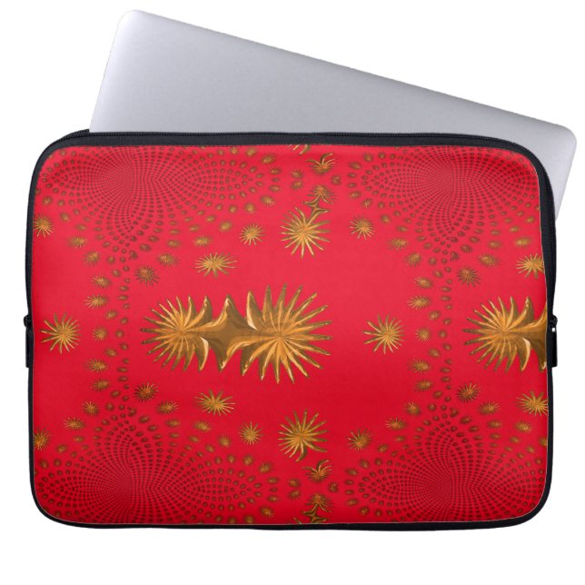 Capa Para Notebook estrelas de ouro fractal, fundo vermelho (Frente)