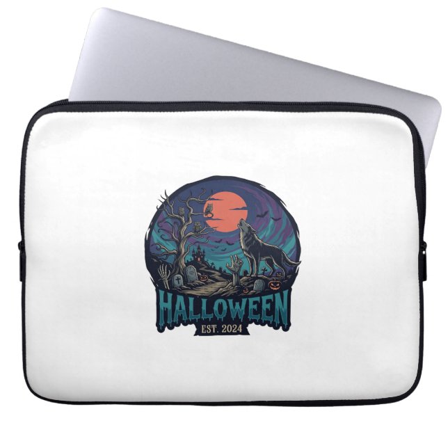 Capa Para Notebook Fantasia de Halloween Lobo Uivando Lua Vermelha Mã (Frente)