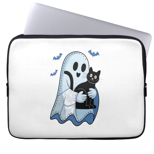 Capa Para Notebook Fantasma e Gato de Denim Azul de Halloween (Frente)