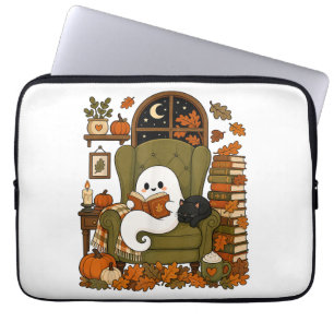 Capa Para Notebook Fantasma Fofo Lendo Livro Gato Preto Outono Abóbor