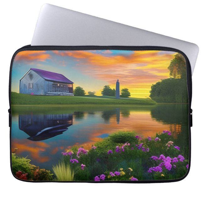 Capa Para Notebook Farmhouse Purple Telhado Pond em Sunrise (Frente)