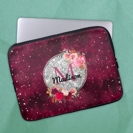 Capa Para Notebook Faux Chic Silver Glitter Burgundy Monograma floral