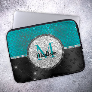 Capa Para Notebook Faux Chic Silver Glitter Turquoise Monograma preto