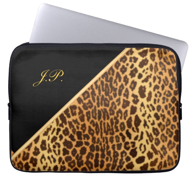 Capa Para Notebook Faux Leopardo Preto e Bolsas de laptop Douradas (Frente)
