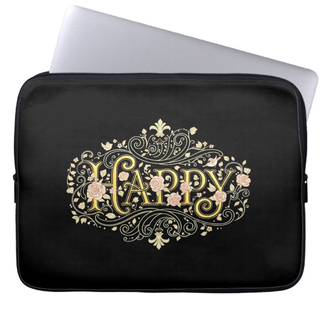 Capa Para Notebook Felicidade Dourada: Elegante Floral Feliz (Frente)