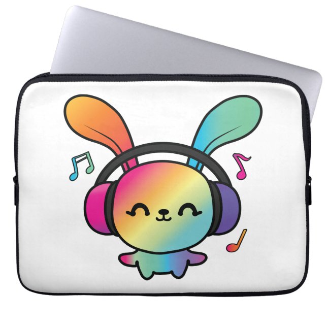 Capa Para Notebook Feliz Bunny com fones de ouvido ouvindo música. (Frente)