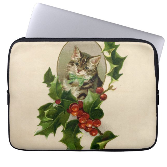 Capa Para Notebook Feliz de Natal Holly Kitten Arte Antiquada (Frente)