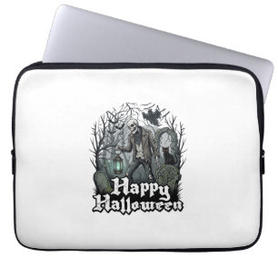 Capa Para Notebook Feliz Dia das Bruxas Esqueleto Lanterna Gato Preto