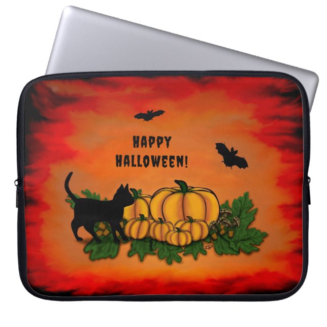 Capa Para Notebook Feliz Dia das Bruxas, Gato Negro, Bat e Abóbora (Frente)
