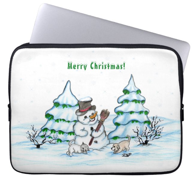 Capa Para Notebook Feliz Natal! Neve com Cat e Puppy (Frente)