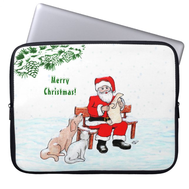 Capa Para Notebook Feliz Natal! Papai Noel com Gato e Cão (Frente)