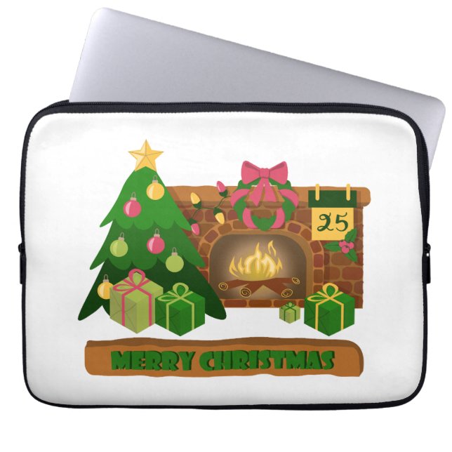 Capa Para Notebook Feliz Natal perto da árvore de Natal de lareira bo (Frente)
