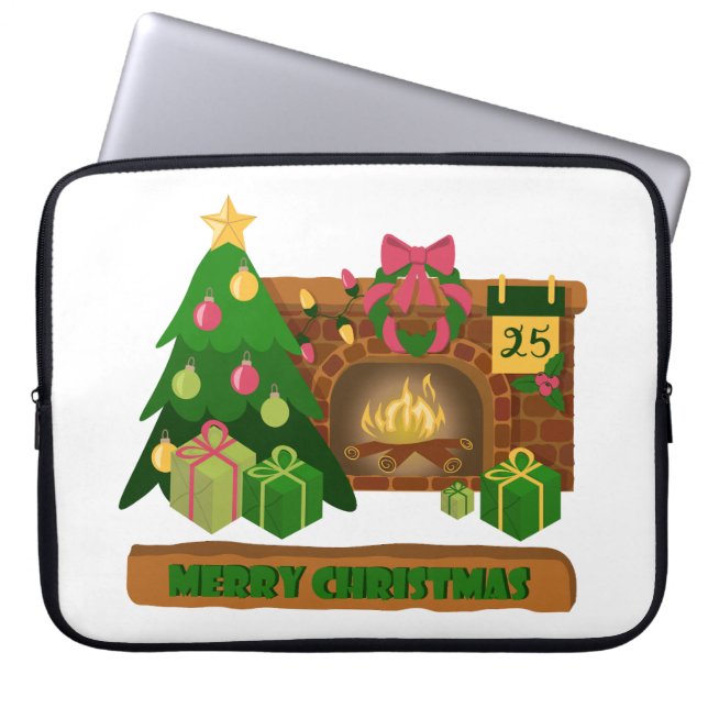 Capa Para Notebook Feliz Natal perto da árvore de Natal de lareira bo (Frente)