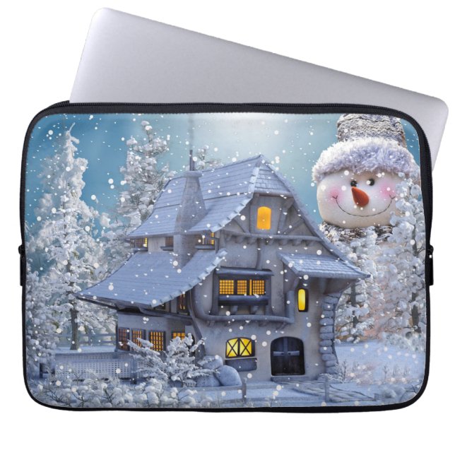 Capa Para Notebook Festa de Natal Inverno Branco Boneco de Neve Azul (Frente)