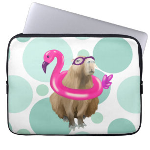 Capa Para Notebook Festa piscina, Capybara Bonita Com Flamingo De Cor