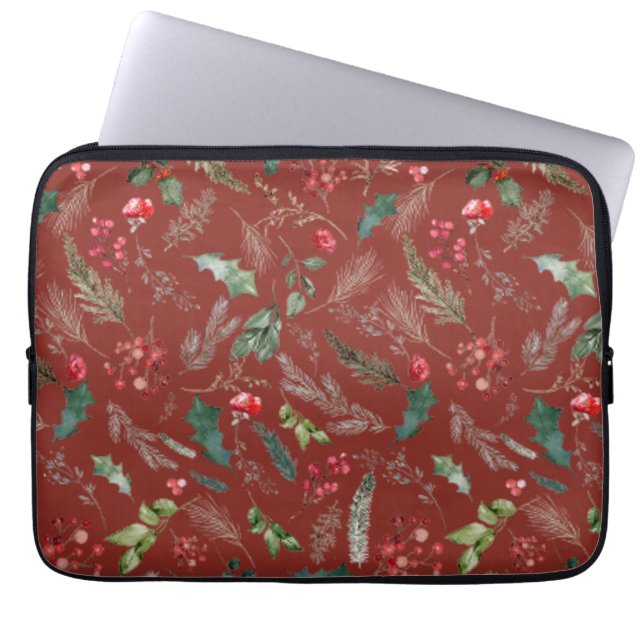 Capa Para Notebook Festivo Borgonha Natal Inverno Floral Botânico (Frente)