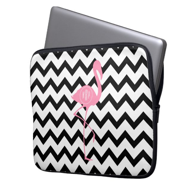 Capa Para Notebook Flamingo cor-de-rosa Monogrammed + Chevron preto (Frente Esquerda)