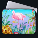 Capa Para Notebook Flamingo Rosa Na Floresta Tropical<br><div class="desc">Óptica rosa claro e ilustração branca com aquarelas flamingas com flores tropicais coloridas e design de árvores. Imagem de fundo de gradiente roxo e turquesa.</div>