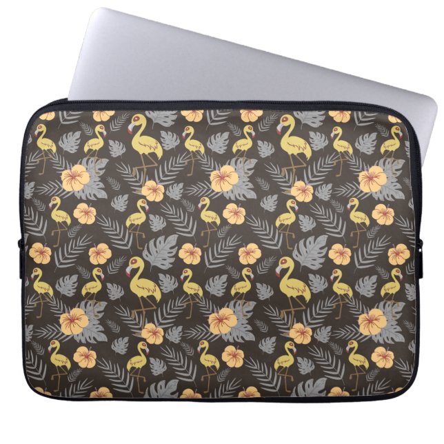 Capa Para Notebook Flamingo sem costura, com flores e folhas (Frente)