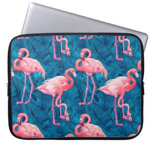 Capa Para Notebook Flamingos em folhas de banana azuis